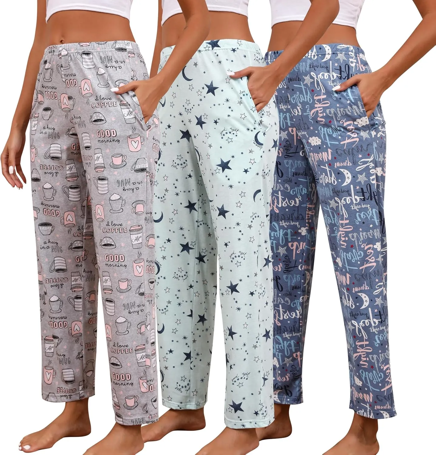 PNAEONG Pajama Pants Women 3 Pack Soft Cotton Lounge Pants Comfy Casual Pajama Bottoms with Elastic Waistband & Pockets