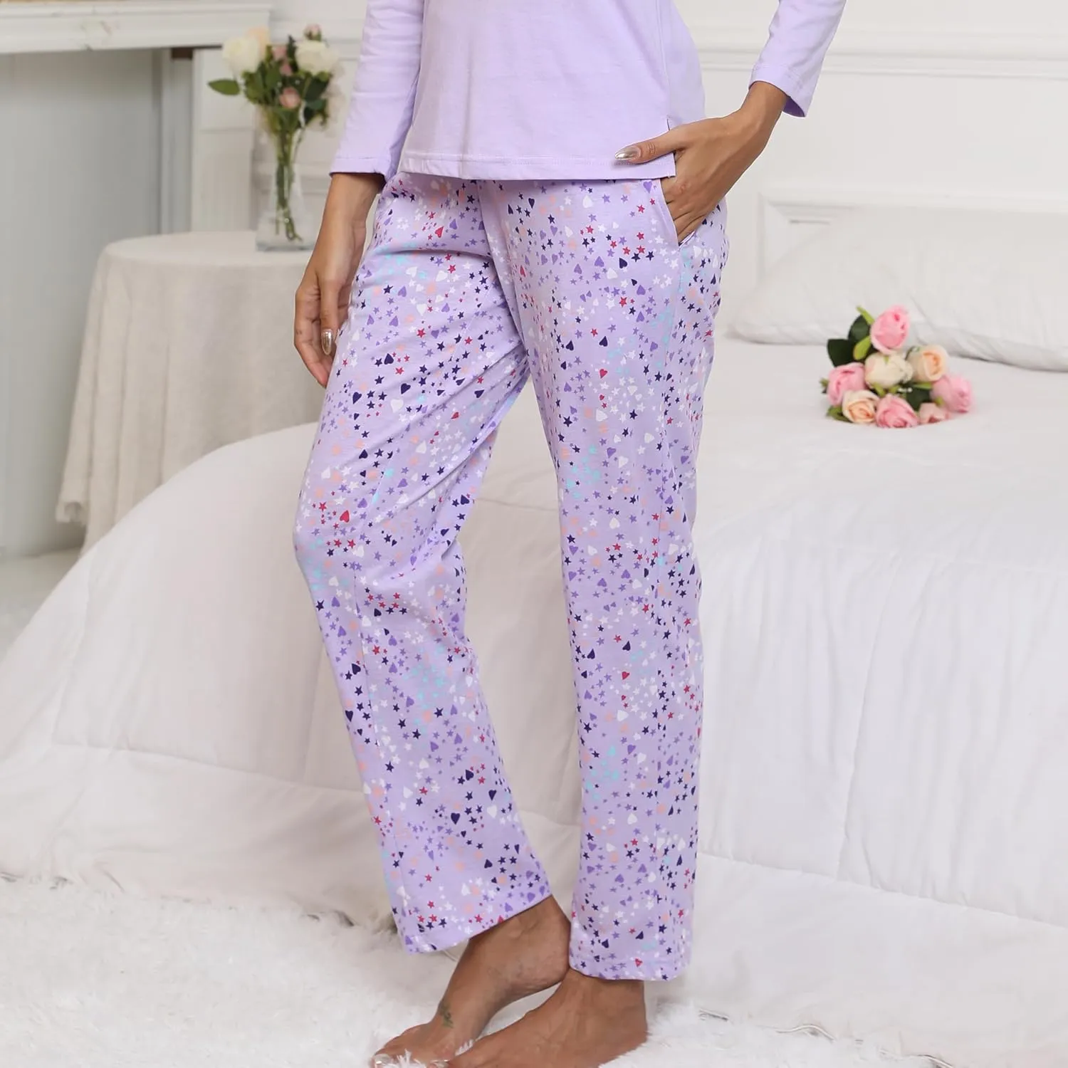 PNAEONG Pajama Pants Women 3 Pack Soft Cotton Lounge Pants Comfy Casual Pajama Bottoms with Elastic Waistband & Pockets
