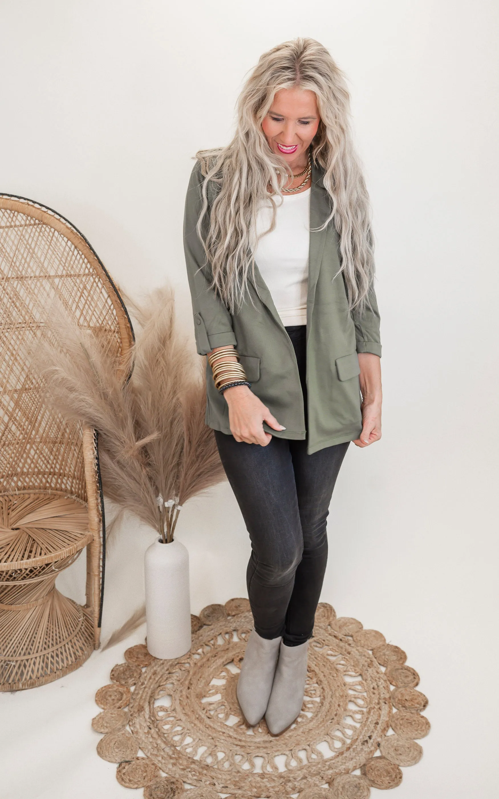 Ponte Open Front Roll Up Blazer - Final Sale