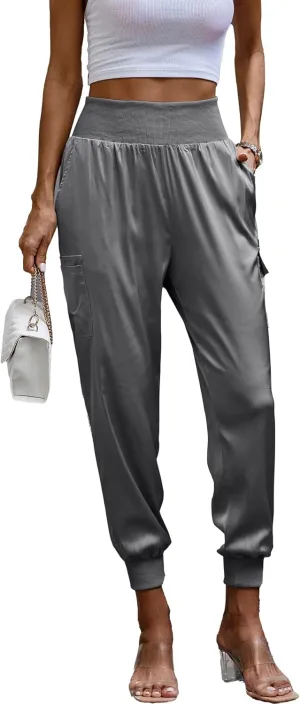 PRETTYGARDEN Women's Satin Jogger Pants Casual Dressy High Waist Long Lounge Pant Trousers Summer Outfits with Pockets