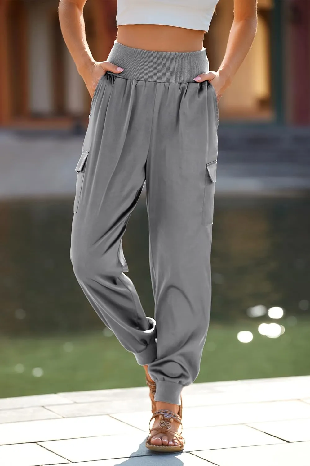 PRETTYGARDEN Women's Satin Jogger Pants Casual Dressy High Waist Long Lounge Pant Trousers Summer Outfits with Pockets