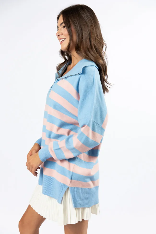 Pulling Heartstrings Blue and Coral Striped Quarter Zip Pullover FINAL SALE