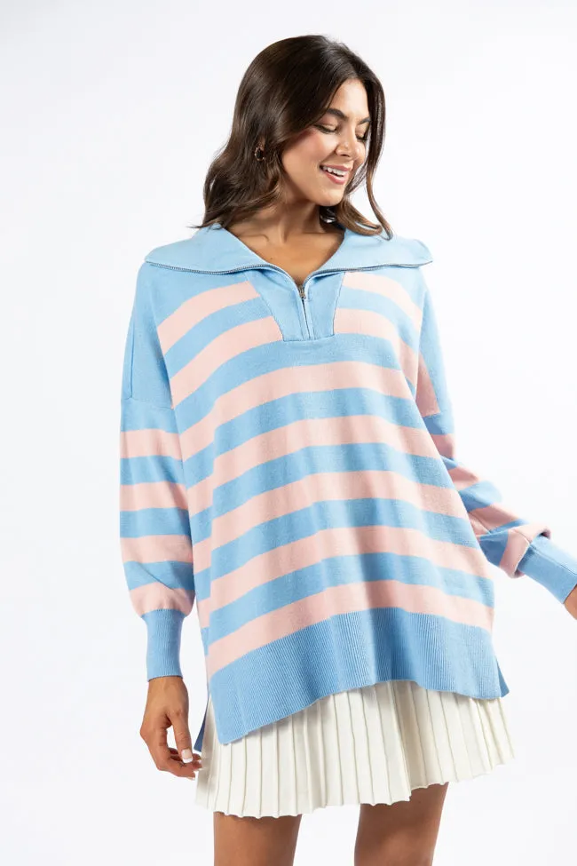 Pulling Heartstrings Blue and Coral Striped Quarter Zip Pullover FINAL SALE
