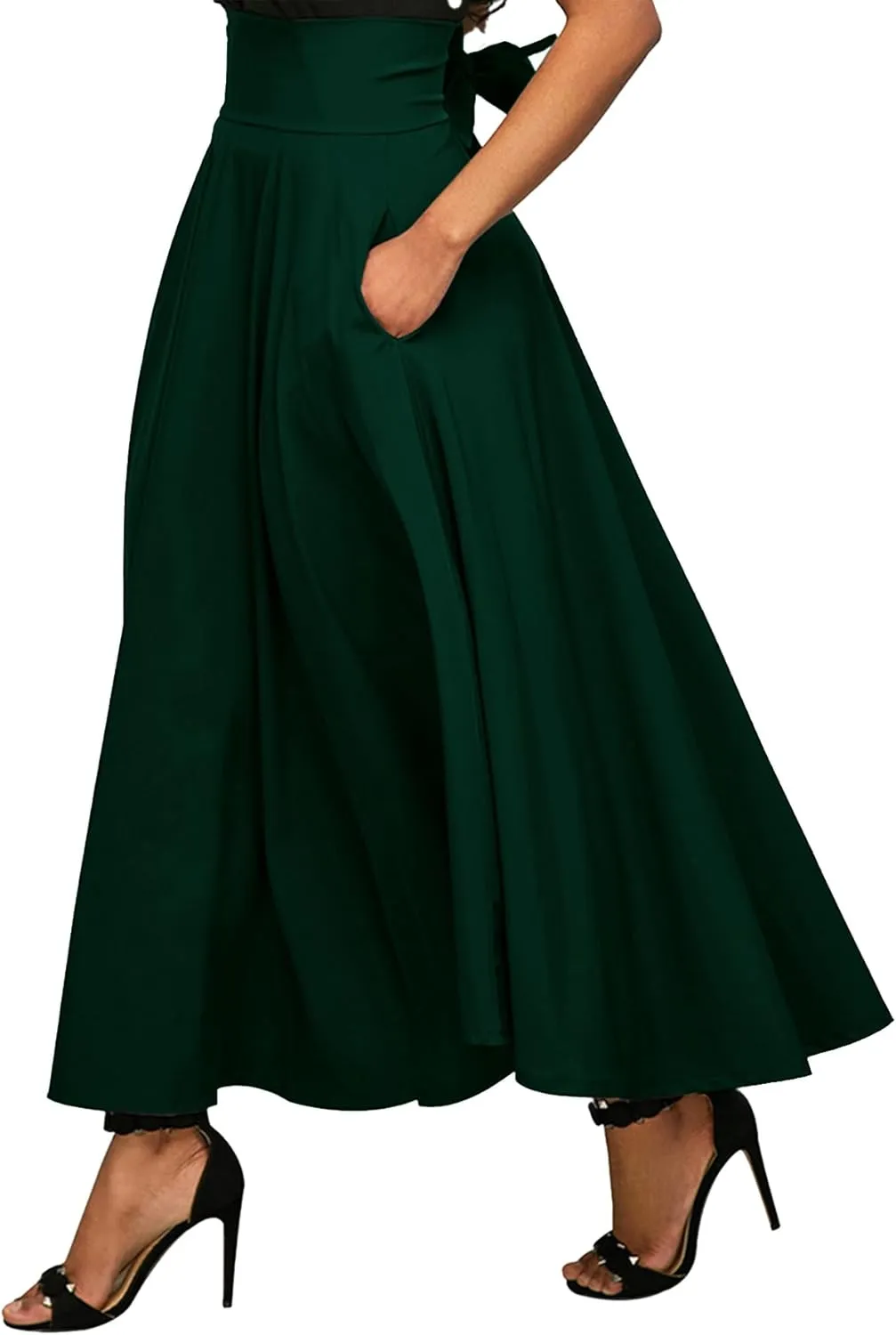 Rooscier Women's Elastic High Waist Tie Knot Back A-Line Flared with Pockets Long Skirt