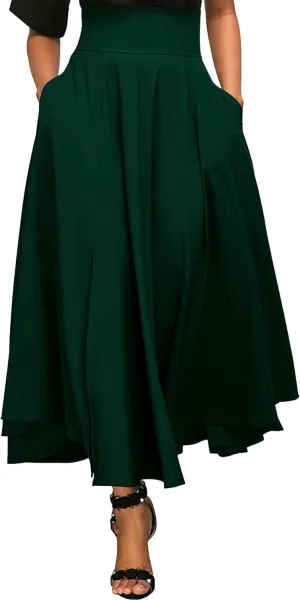 Rooscier Women's Elastic High Waist Tie Knot Back A-Line Flared with Pockets Long Skirt