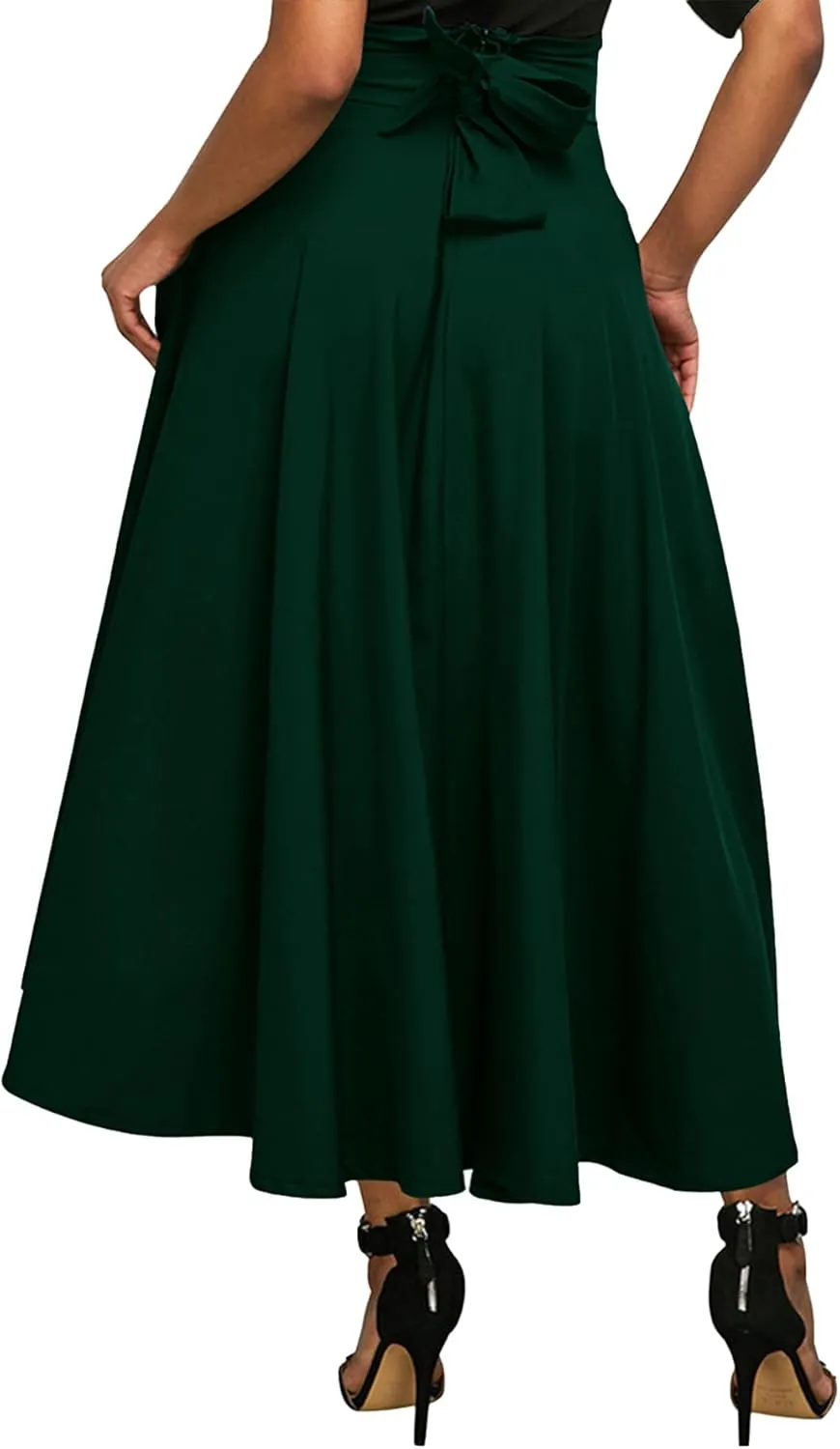 Rooscier Women's Elastic High Waist Tie Knot Back A-Line Flared with Pockets Long Skirt