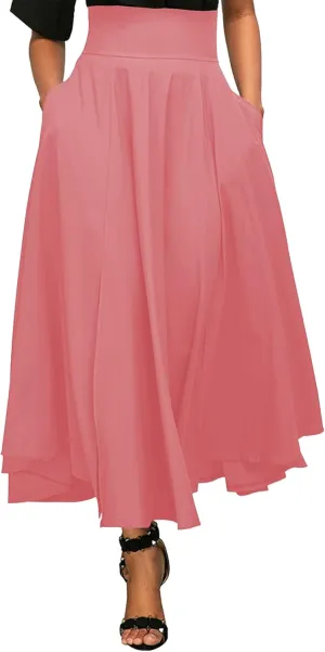 Rooscier Women's Elastic High Waist Tie Knot Back A-Line Flared with Pockets Long Skirt