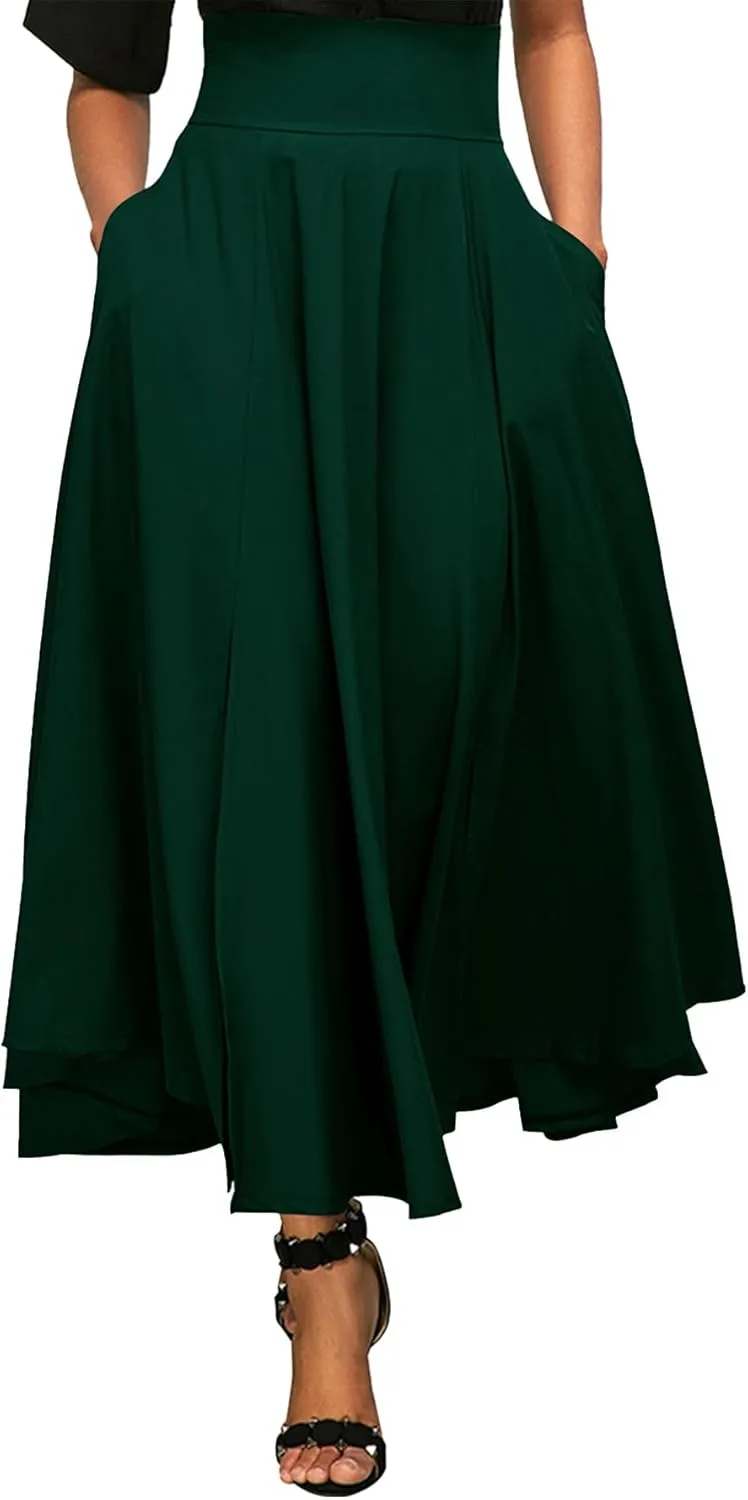 Rooscier Women's Elastic High Waist Tie Knot Back A-Line Flared with Pockets Long Skirt