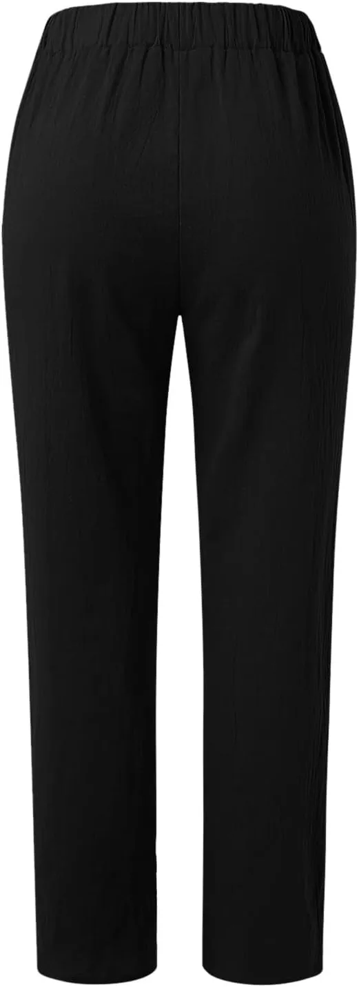 Rvidbe Linen Pants Women Summer 2024 Striped Side Button Casual Elastic High Waist Straight Leg Loose Boho Trendy Trousers