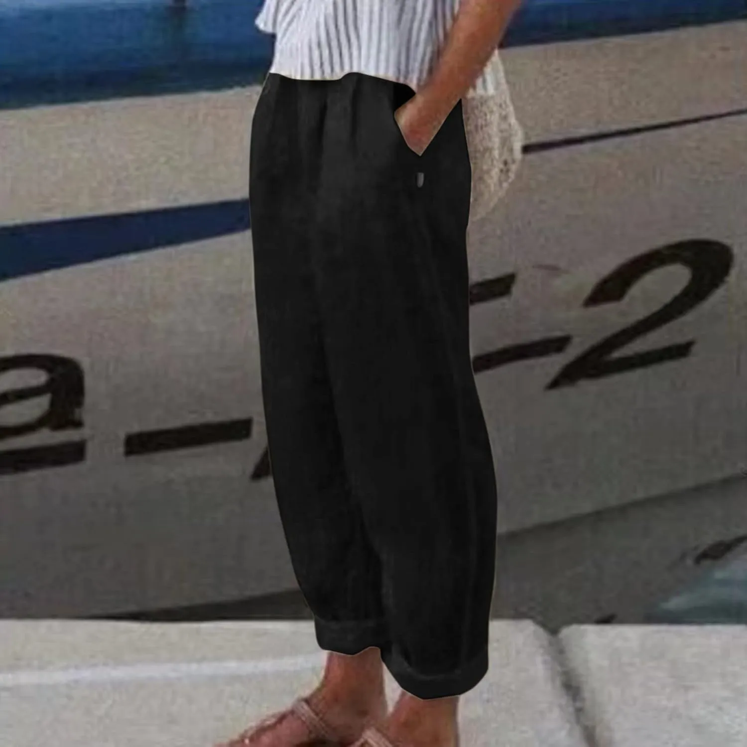 Rvidbe Linen Pants Women Summer 2024 Striped Side Button Casual Elastic High Waist Straight Leg Loose Boho Trendy Trousers