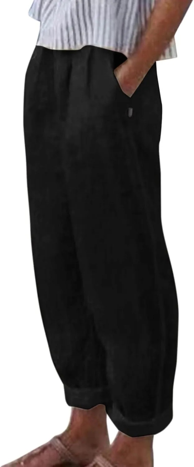 Rvidbe Linen Pants Women Summer 2024 Striped Side Button Casual Elastic High Waist Straight Leg Loose Boho Trendy Trousers