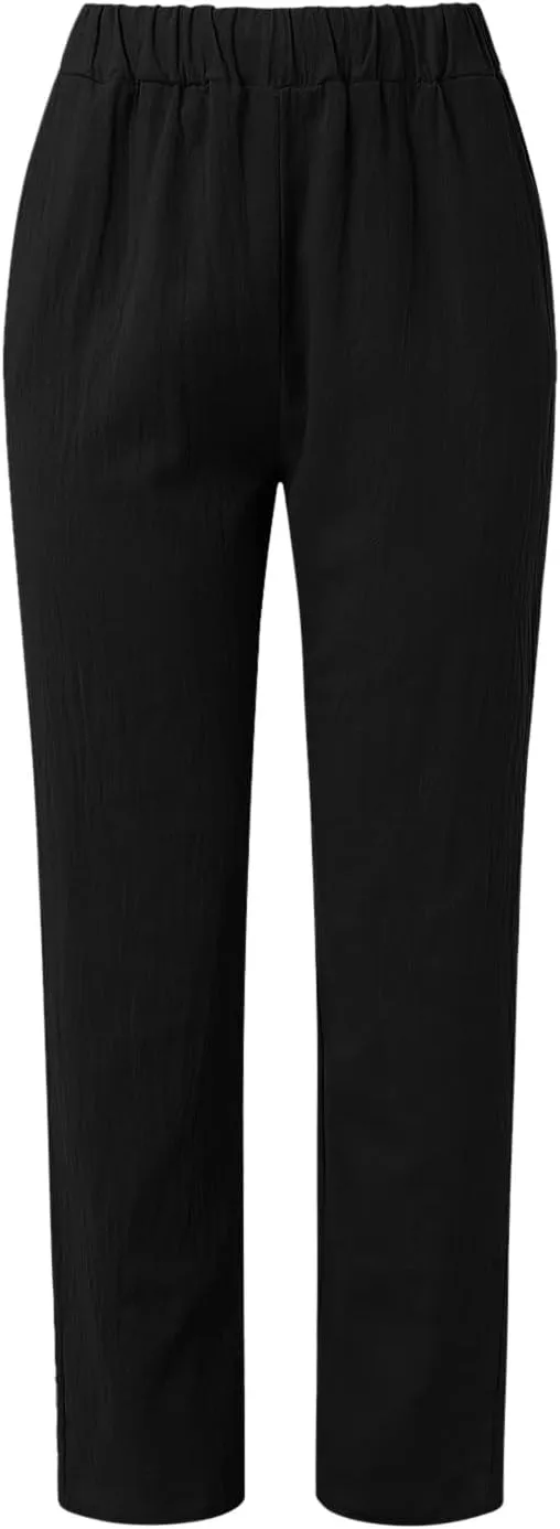Rvidbe Linen Pants Women Summer 2024 Striped Side Button Casual Elastic High Waist Straight Leg Loose Boho Trendy Trousers