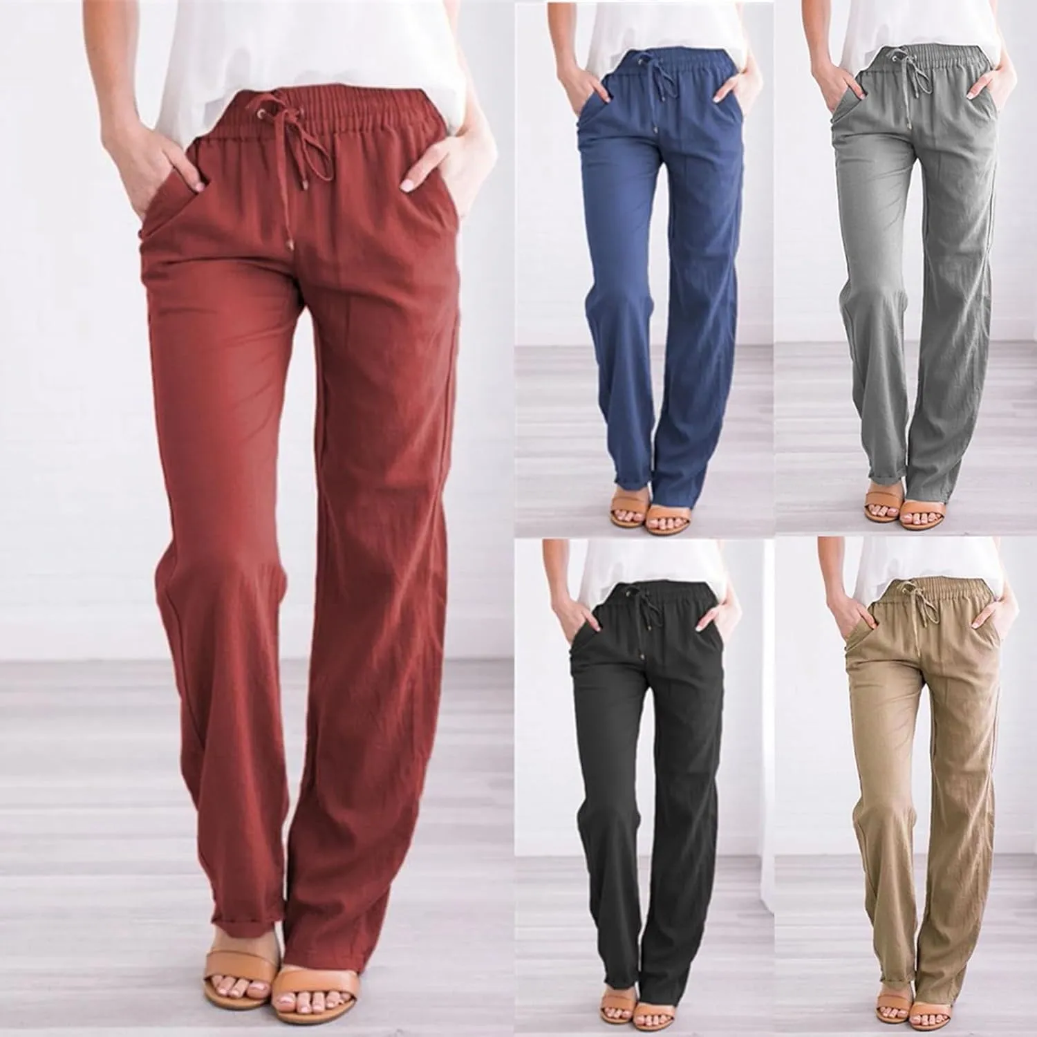 Rvidbe Work Pants Women Petite Women's Summer Straight Leg Casual Pants Drawstring Elastic High Waist Loose Comfy Trousers