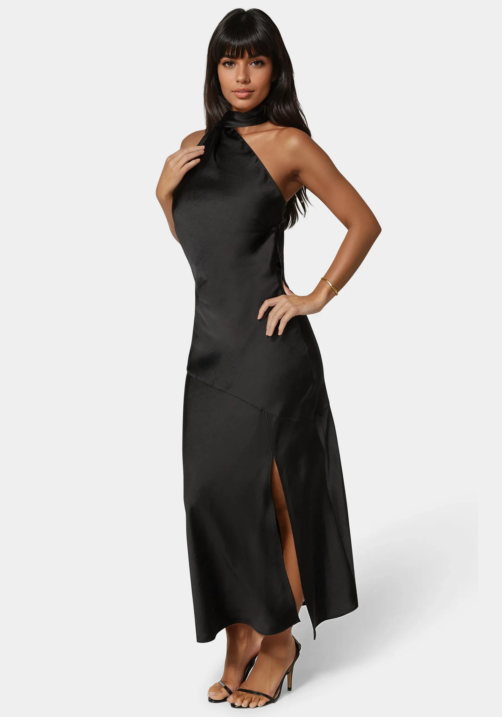 Sash Neck One Shoulder Satin Midi Dress