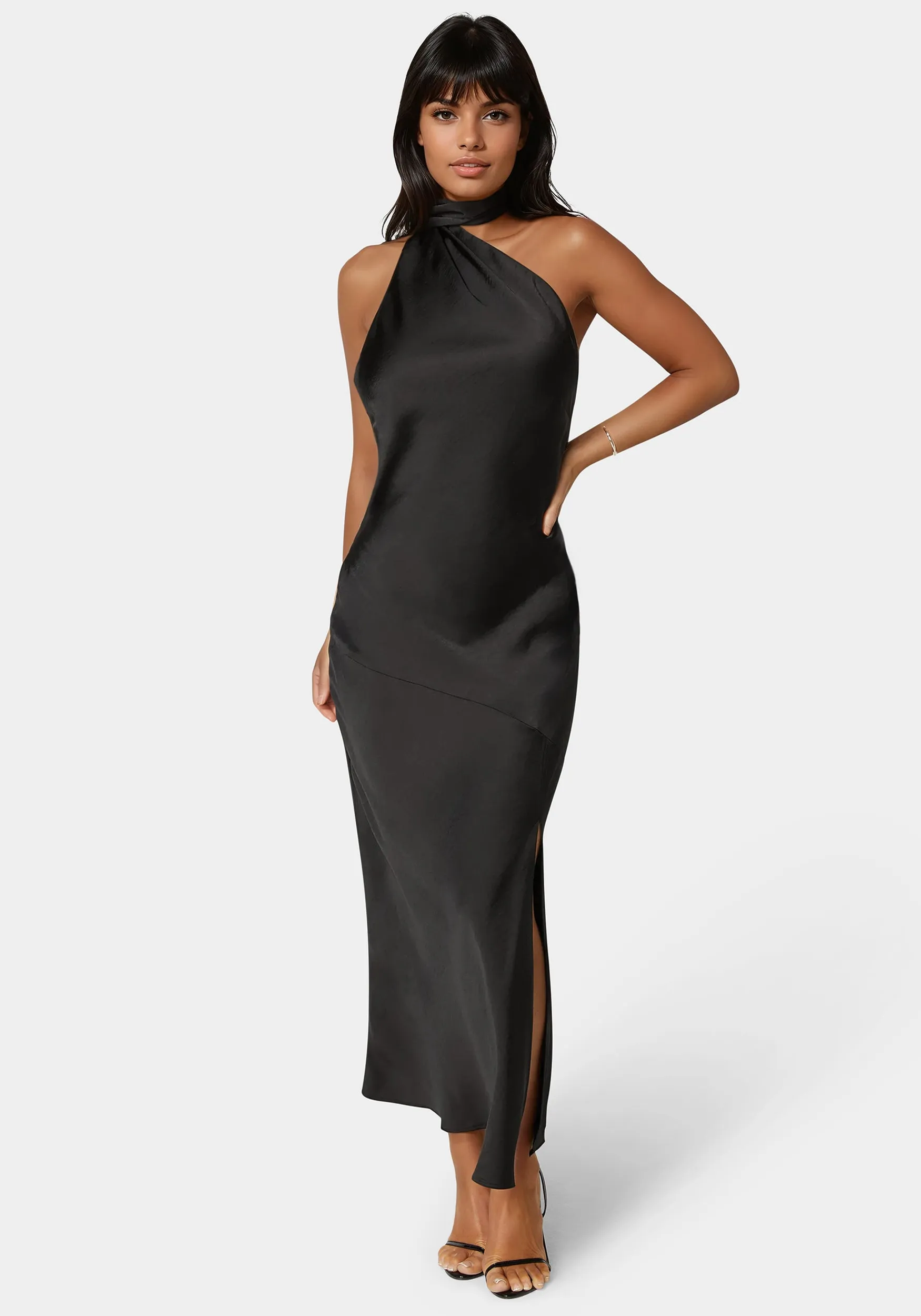 Sash Neck One Shoulder Satin Midi Dress