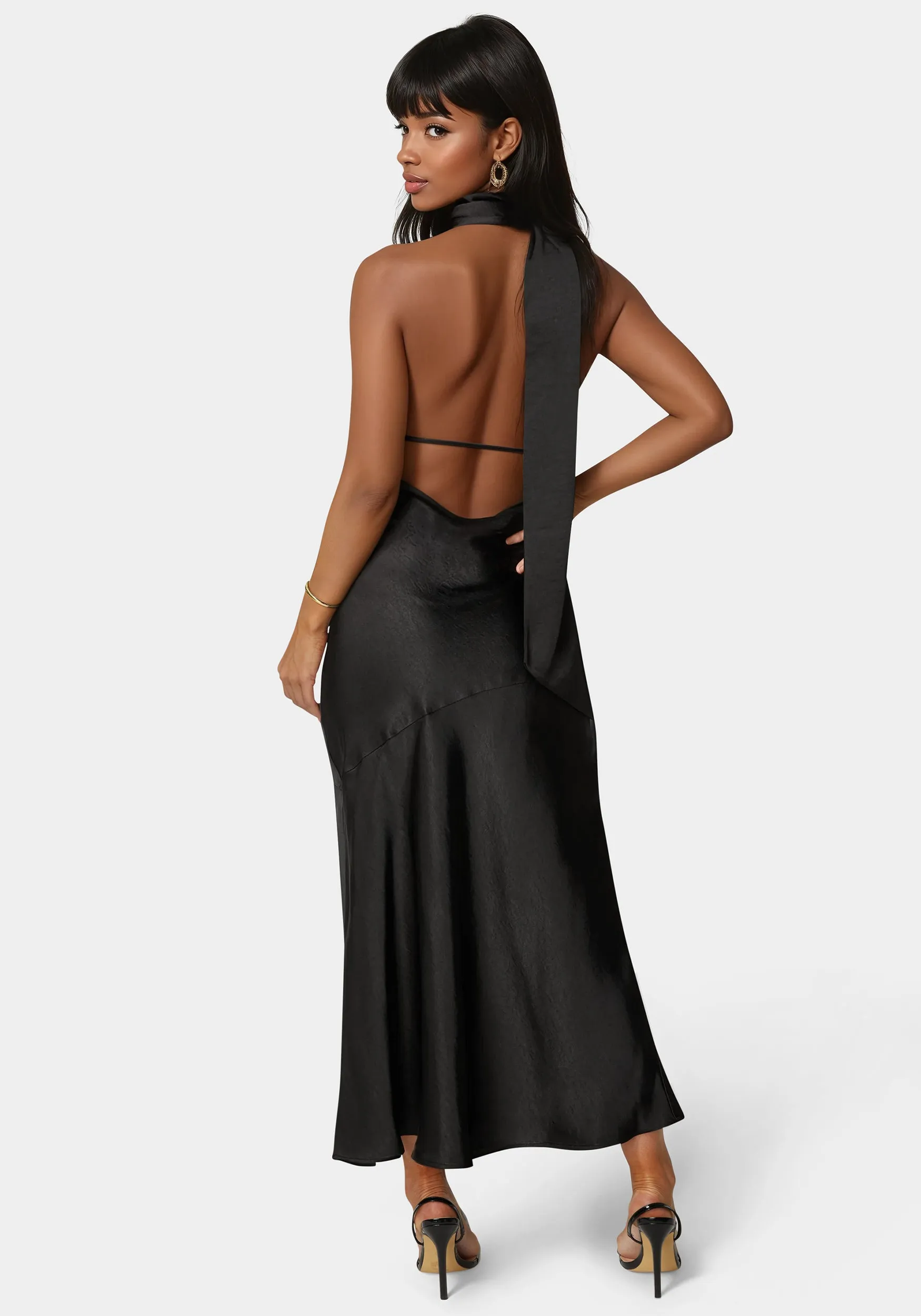 Sash Neck One Shoulder Satin Midi Dress