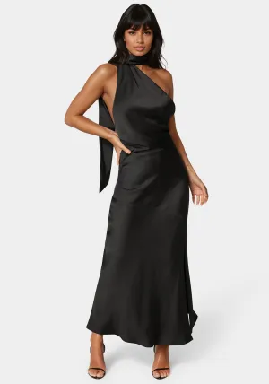 Sash Neck One Shoulder Satin Midi Dress