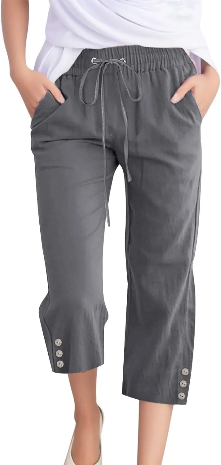 sdbrld Linen Pants for Women,Womens Casual Capris Pants High Waist Drawstring Pants Lightweight Buttons Trousers with Pockets