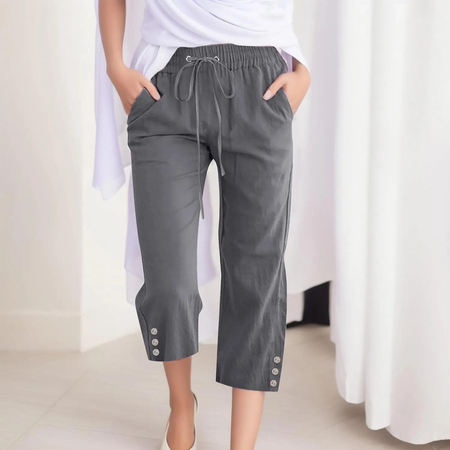 sdbrld Linen Pants for Women,Womens Casual Capris Pants High Waist Drawstring Pants Lightweight Buttons Trousers with Pockets