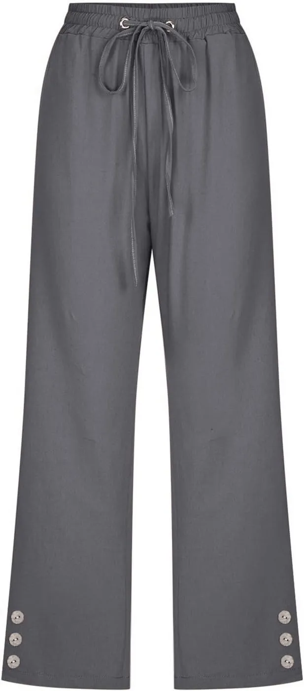 sdbrld Linen Pants for Women,Womens Casual Capris Pants High Waist Drawstring Pants Lightweight Buttons Trousers with Pockets