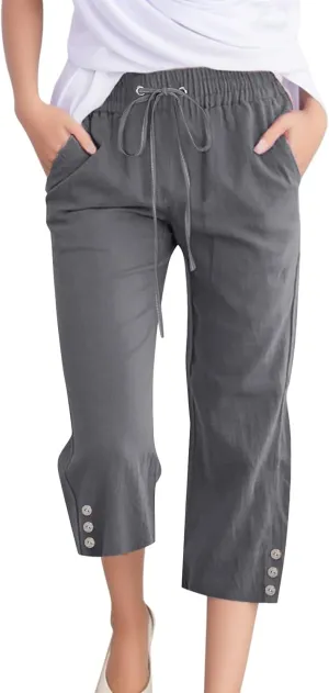 sdbrld Linen Pants for Women,Womens Casual Capris Pants High Waist Drawstring Pants Lightweight Buttons Trousers with Pockets