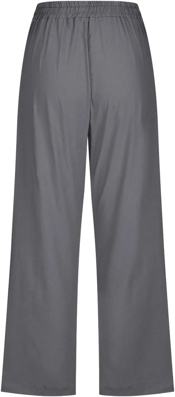 sdbrld Linen Pants for Women,Womens Casual Capris Pants High Waist Drawstring Pants Lightweight Buttons Trousers with Pockets