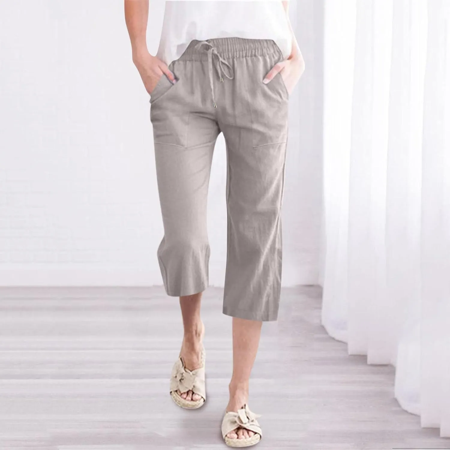 sdbrld Linen Pants Women Capris Casual Linen High Waist Trousers Drawstring Loose Fit Summer Pants Comfy Trousers with Pocket