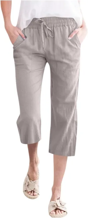 sdbrld Linen Pants Women Capris Casual Linen High Waist Trousers Drawstring Loose Fit Summer Pants Comfy Trousers with Pocket