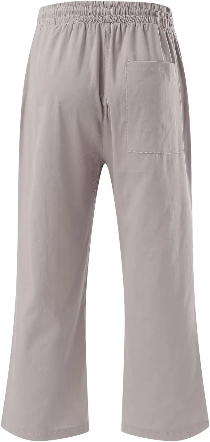 sdbrld Linen Pants Women Capris Casual Linen High Waist Trousers Drawstring Loose Fit Summer Pants Comfy Trousers with Pocket