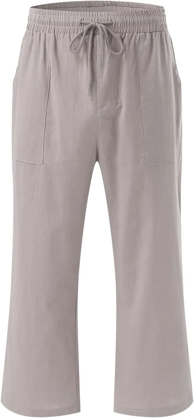 sdbrld Linen Pants Women Capris Casual Linen High Waist Trousers Drawstring Loose Fit Summer Pants Comfy Trousers with Pocket