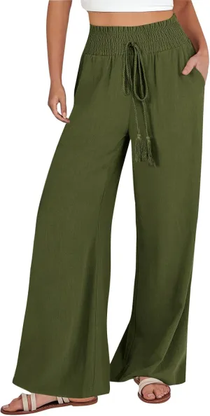 sdbrld Linen Pants Women High Waisted Lightweight Pants Drawstring Straight Leg Trousers Summer Elastic Pants with Pockets