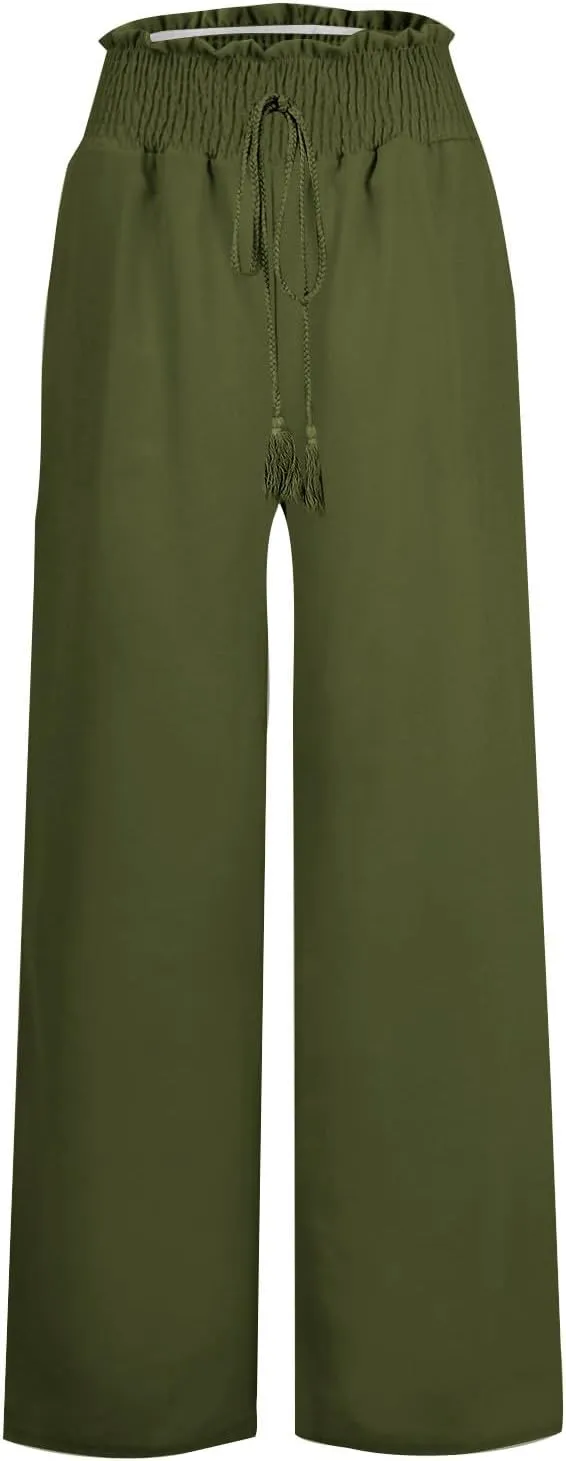 sdbrld Linen Pants Women High Waisted Lightweight Pants Drawstring Straight Leg Trousers Summer Elastic Pants with Pockets