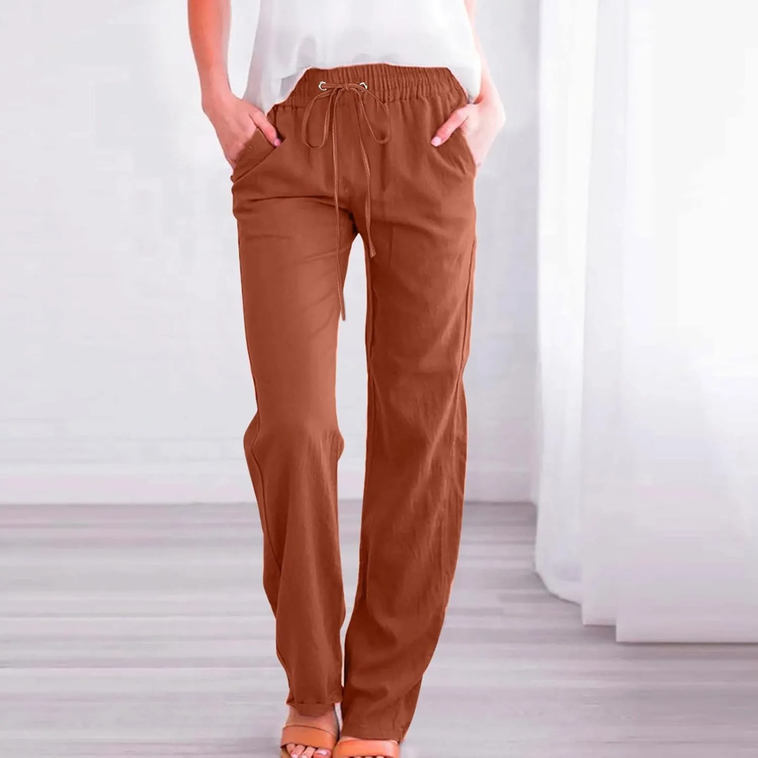 sdbrld Linen Pants Women,Women's 2025 Casual Linen High Waist Pants Drawstring Loose Fit Summer Pants Trousers with Pockets