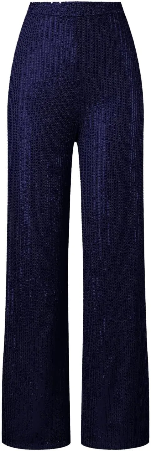 sdbrld Sequin Pants Women,Women's Glitter Sequin Loose Pants Bling Party Clubwear Elastic Casual Sparkly Bell Bottom Pants