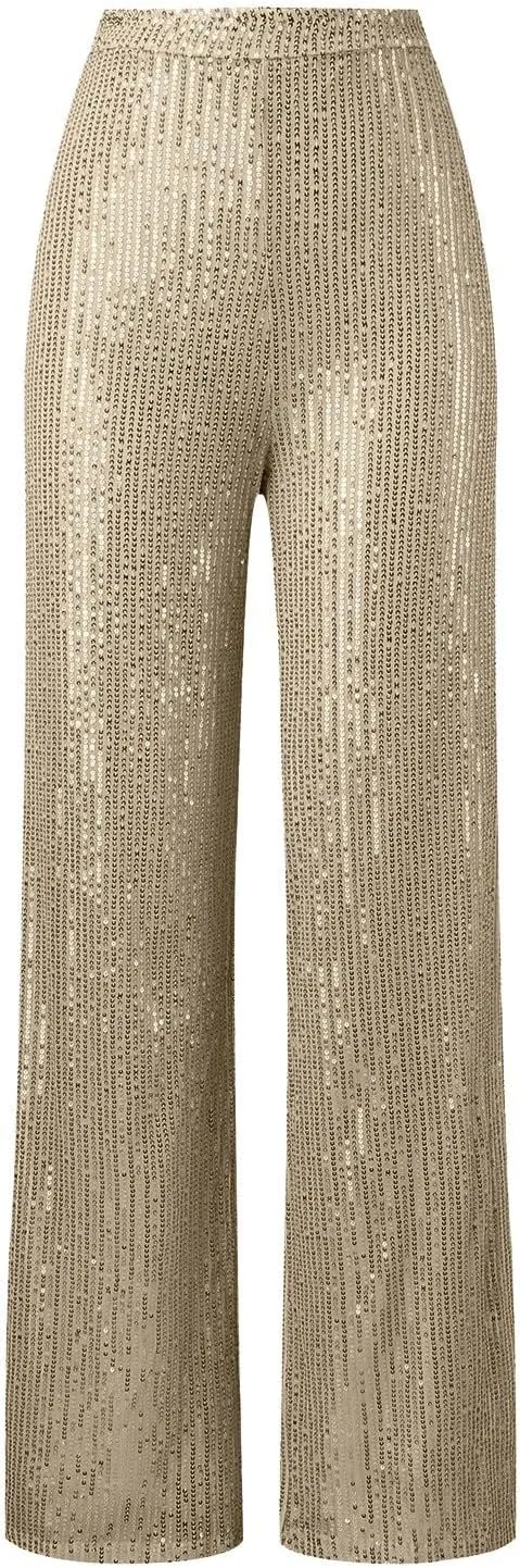 sdbrld Sequin Pants Women,Women's Glitter Sequin Loose Pants Bling Party Clubwear Elastic Casual Sparkly Bell Bottom Pants