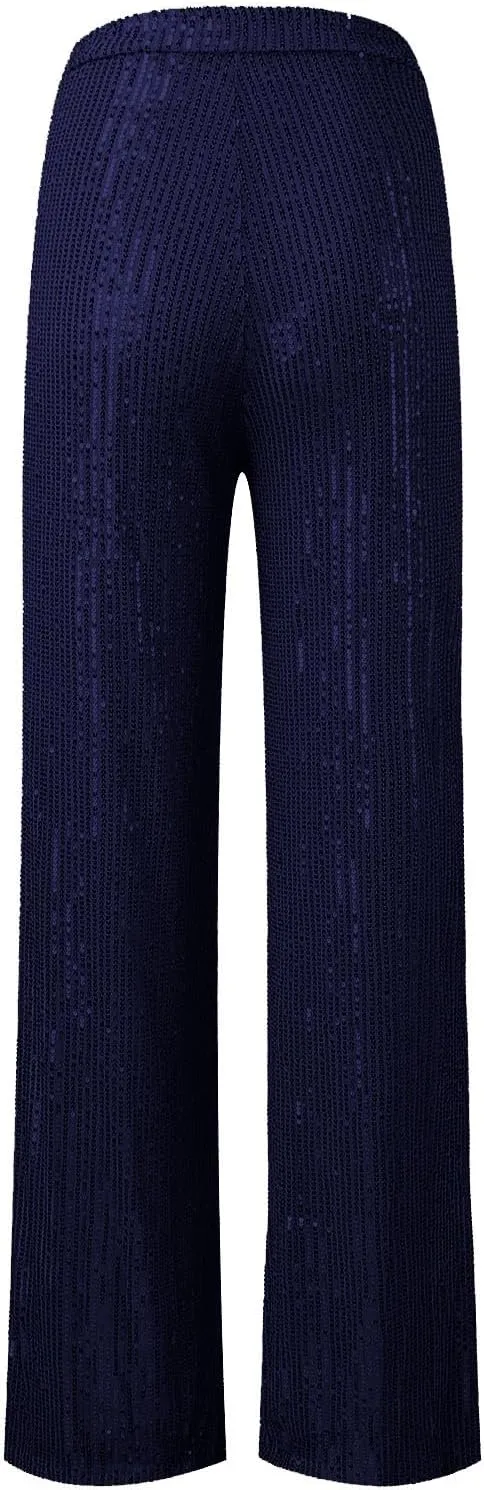 sdbrld Sequin Pants Women,Women's Glitter Sequin Loose Pants Bling Party Clubwear Elastic Casual Sparkly Bell Bottom Pants
