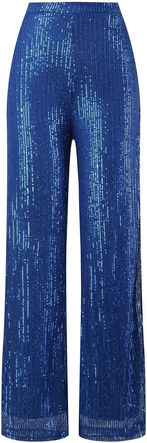 sdbrld Sequin Pants Women,Women's Glitter Sequin Loose Pants Bling Party Clubwear Elastic Casual Sparkly Bell Bottom Pants
