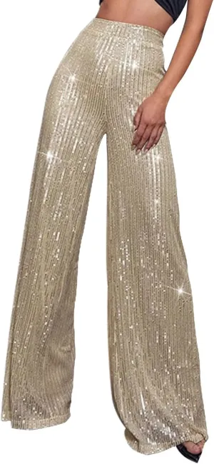 sdbrld Sequin Pants Women,Women's Glitter Sequin Loose Pants Bling Party Clubwear Elastic Casual Sparkly Bell Bottom Pants