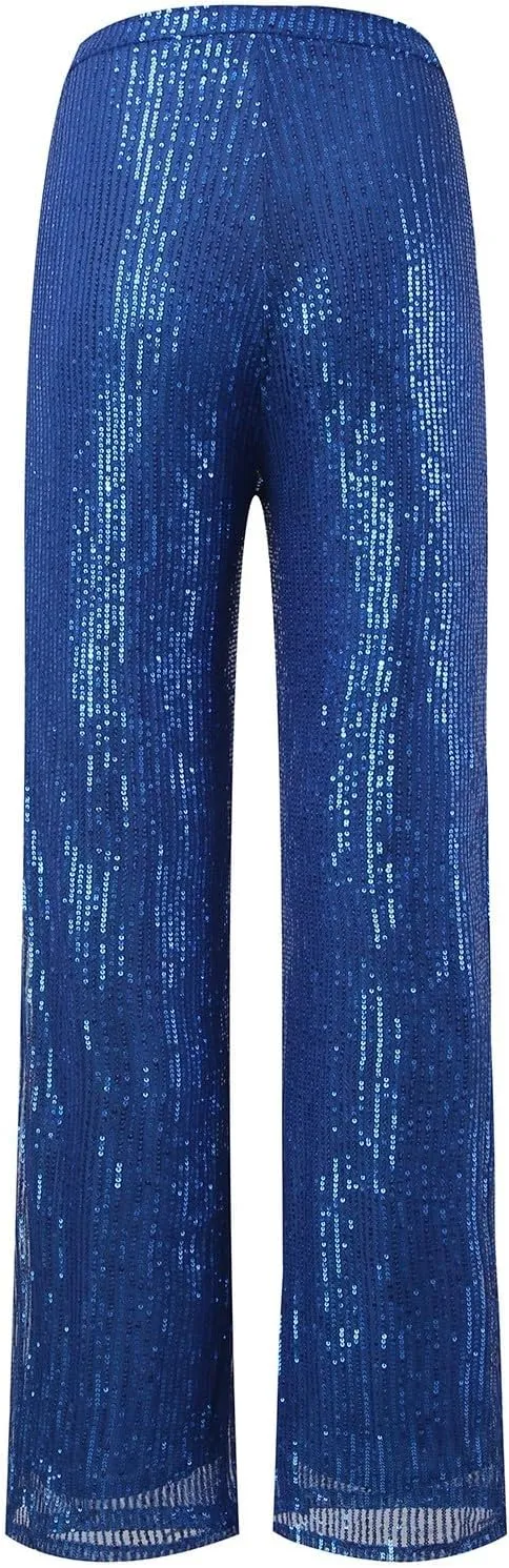 sdbrld Sequin Pants Women,Women's Glitter Sequin Loose Pants Bling Party Clubwear Elastic Casual Sparkly Bell Bottom Pants