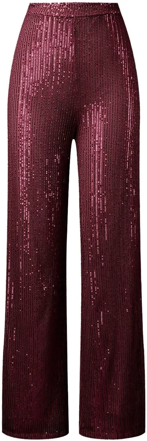 sdbrld Sequin Pants Women,Women's Glitter Sequin Loose Pants Bling Party Clubwear Elastic Casual Sparkly Bell Bottom Pants