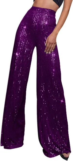 sdbrld Sequin Pants Women,Women's Glitter Sequin Loose Pants Bling Party Clubwear Elastic Casual Sparkly Bell Bottom Pants