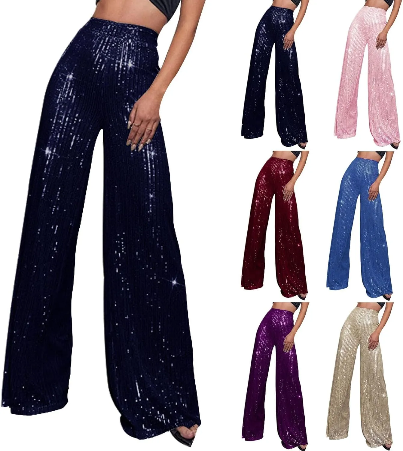 sdbrld Sequin Pants Women,Women's Glitter Sequin Loose Pants Bling Party Clubwear Elastic Casual Sparkly Bell Bottom Pants