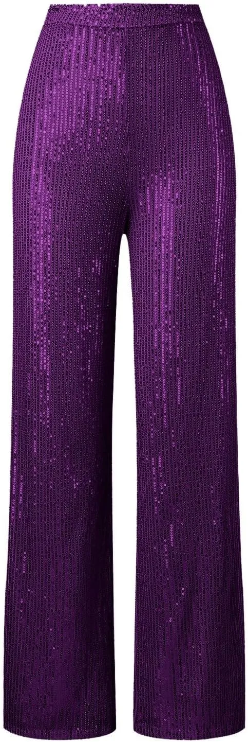 sdbrld Sequin Pants Women,Women's Glitter Sequin Loose Pants Bling Party Clubwear Elastic Casual Sparkly Bell Bottom Pants