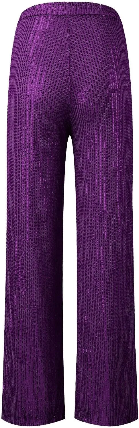 sdbrld Sequin Pants Women,Women's Glitter Sequin Loose Pants Bling Party Clubwear Elastic Casual Sparkly Bell Bottom Pants