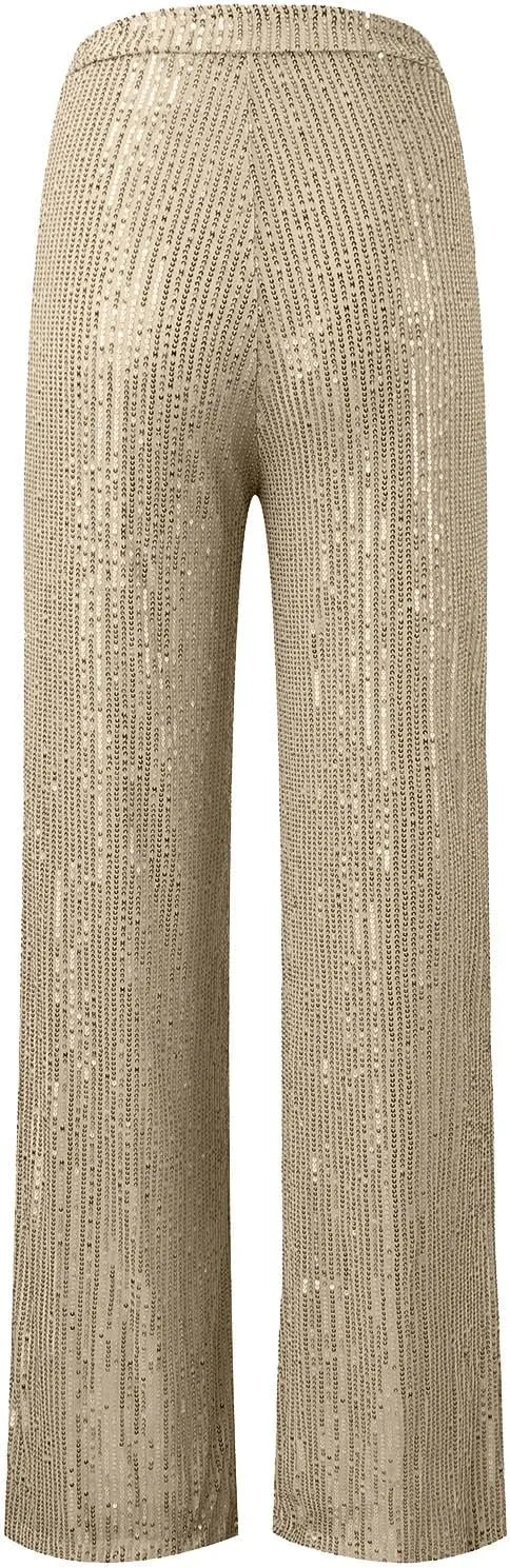 sdbrld Sequin Pants Women,Women's Glitter Sequin Loose Pants Bling Party Clubwear Elastic Casual Sparkly Bell Bottom Pants
