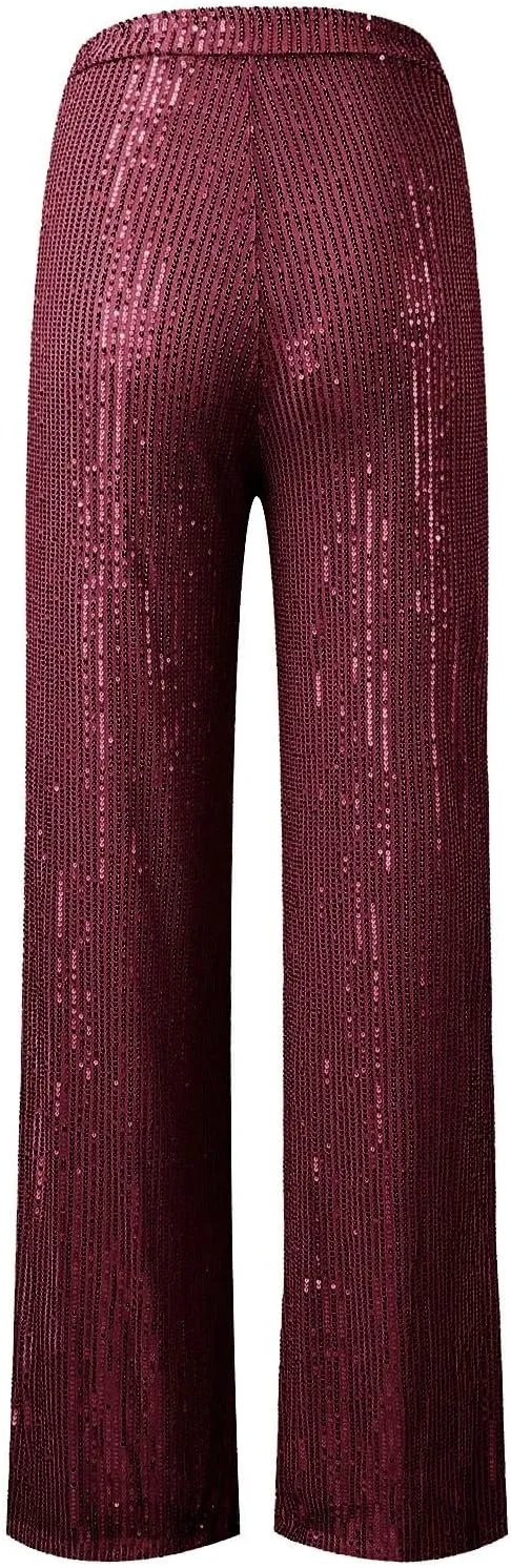 sdbrld Sequin Pants Women,Women's Glitter Sequin Loose Pants Bling Party Clubwear Elastic Casual Sparkly Bell Bottom Pants