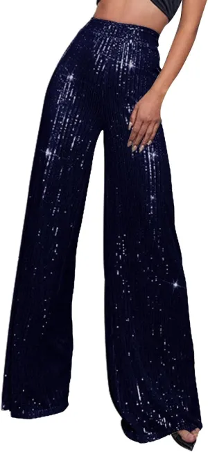 sdbrld Sequin Pants Women,Women's Glitter Sequin Loose Pants Bling Party Clubwear Elastic Casual Sparkly Bell Bottom Pants