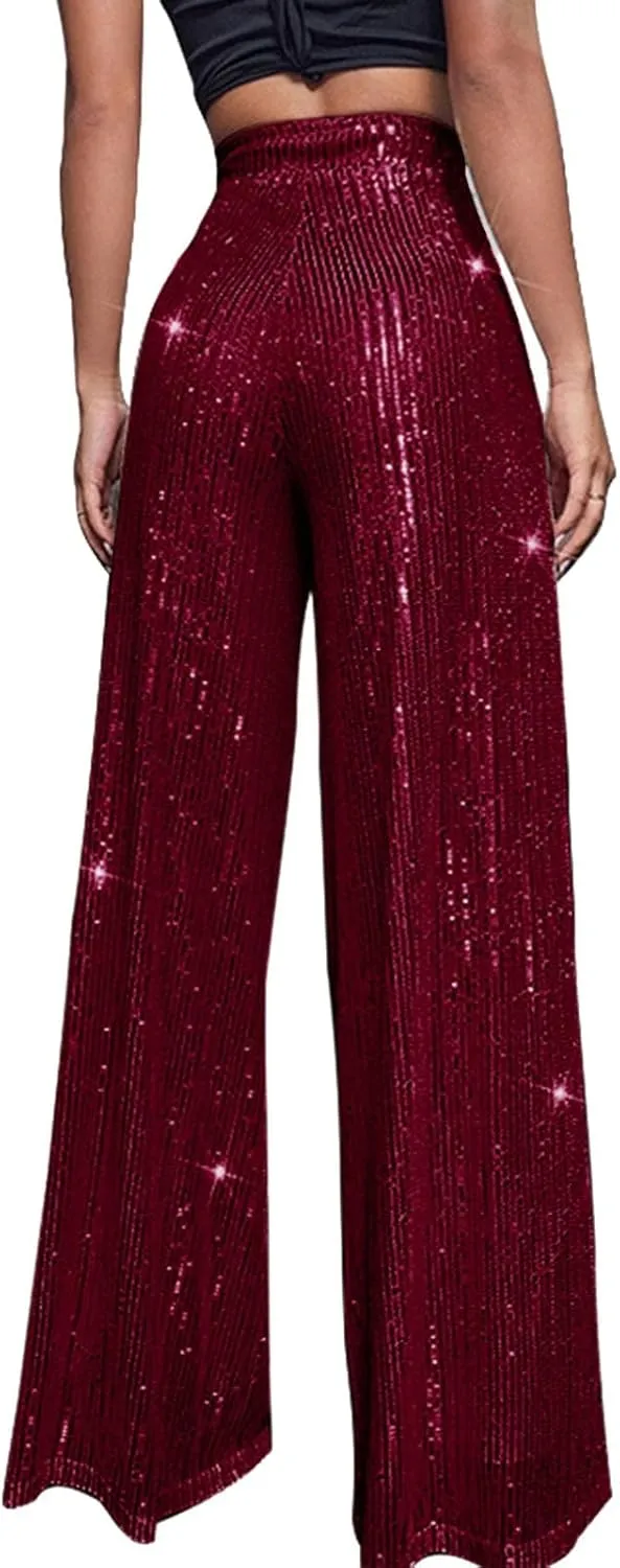 sdbrld Sequin Pants Women,Women's Glitter Sequin Loose Pants Bling Party Clubwear Elastic Casual Sparkly Bell Bottom Pants