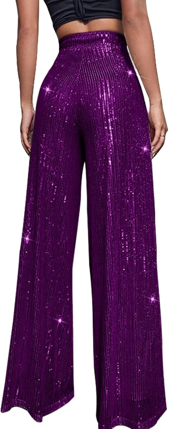 sdbrld Sequin Pants Women,Women's Glitter Sequin Loose Pants Bling Party Clubwear Elastic Casual Sparkly Bell Bottom Pants