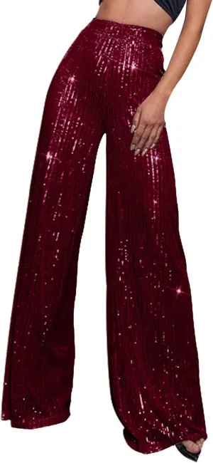sdbrld Sequin Pants Women,Women's Glitter Sequin Loose Pants Bling Party Clubwear Elastic Casual Sparkly Bell Bottom Pants